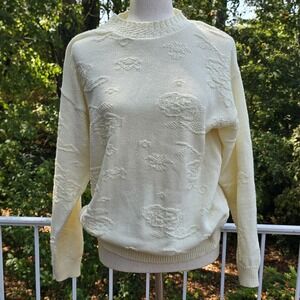 American Weekend Womens Vtg White Beige Chunky Knit Floral Rose Sweater S/M*Read
